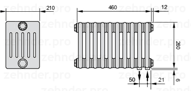 Схема (чертеж) Радиатор Zehnder Charleston 6026/10 №5510 Белый глянцевый RAL 9016